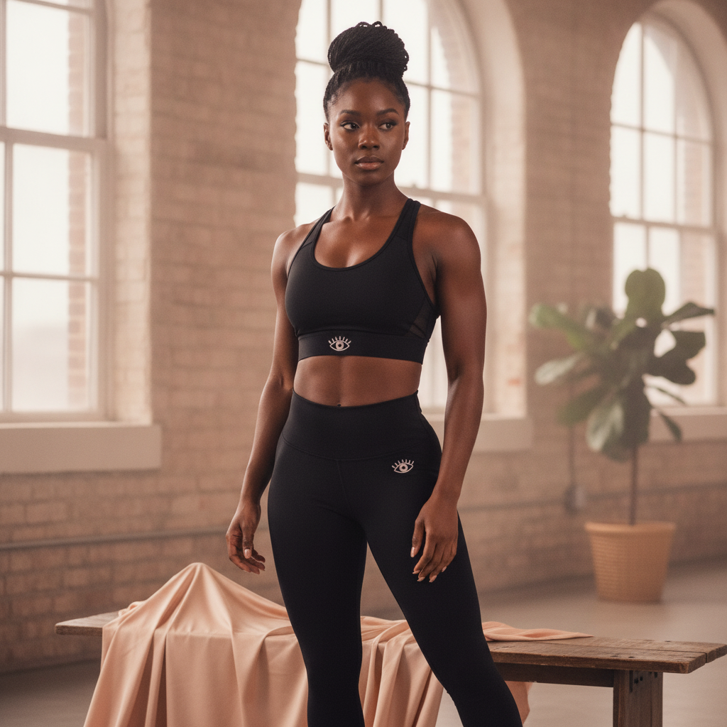 A diverse woman wearing the 'All Eyes on Me Sports Bra' poses confidently in a natural, editorial setting, highlighting the b