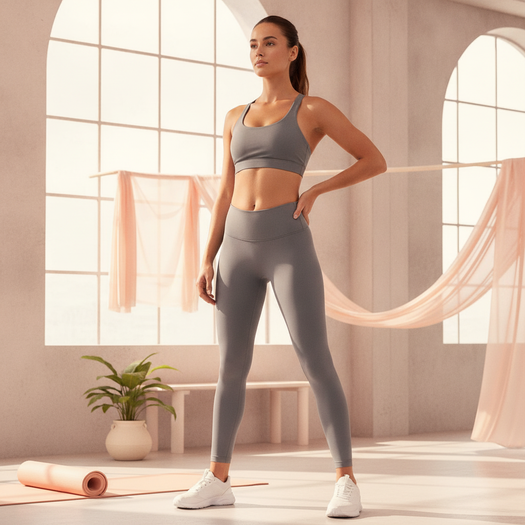 A confident woman with an athletic build poses in a modern gym, wearing the 'All Eyes on Me Sports Bra' with a sleek silhouet