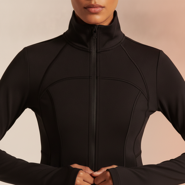 Close-up of a confident woman wearing a black track jacket with a high collar and thumbholes, conveying a sense of focus.